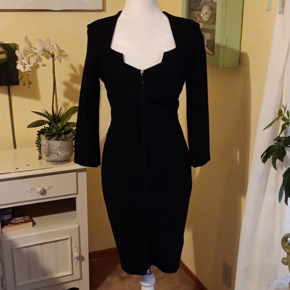 Cach'e Little Black Dress With Front Zipper. Whimsigorh. Super Woman
